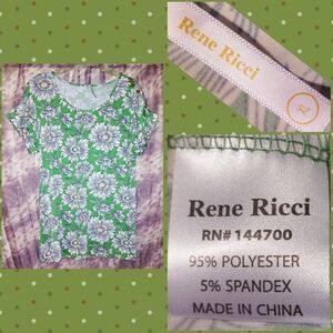 Rene Ricci brand Green/White/Multicolor Floral Print S/S Soft Knit Top Sz XL